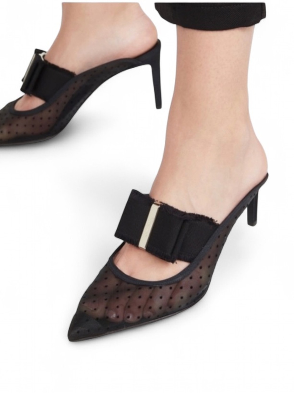 Salvatore Ferragamo Black Mesh Pointed-Toe Bow Mules - Never Worn